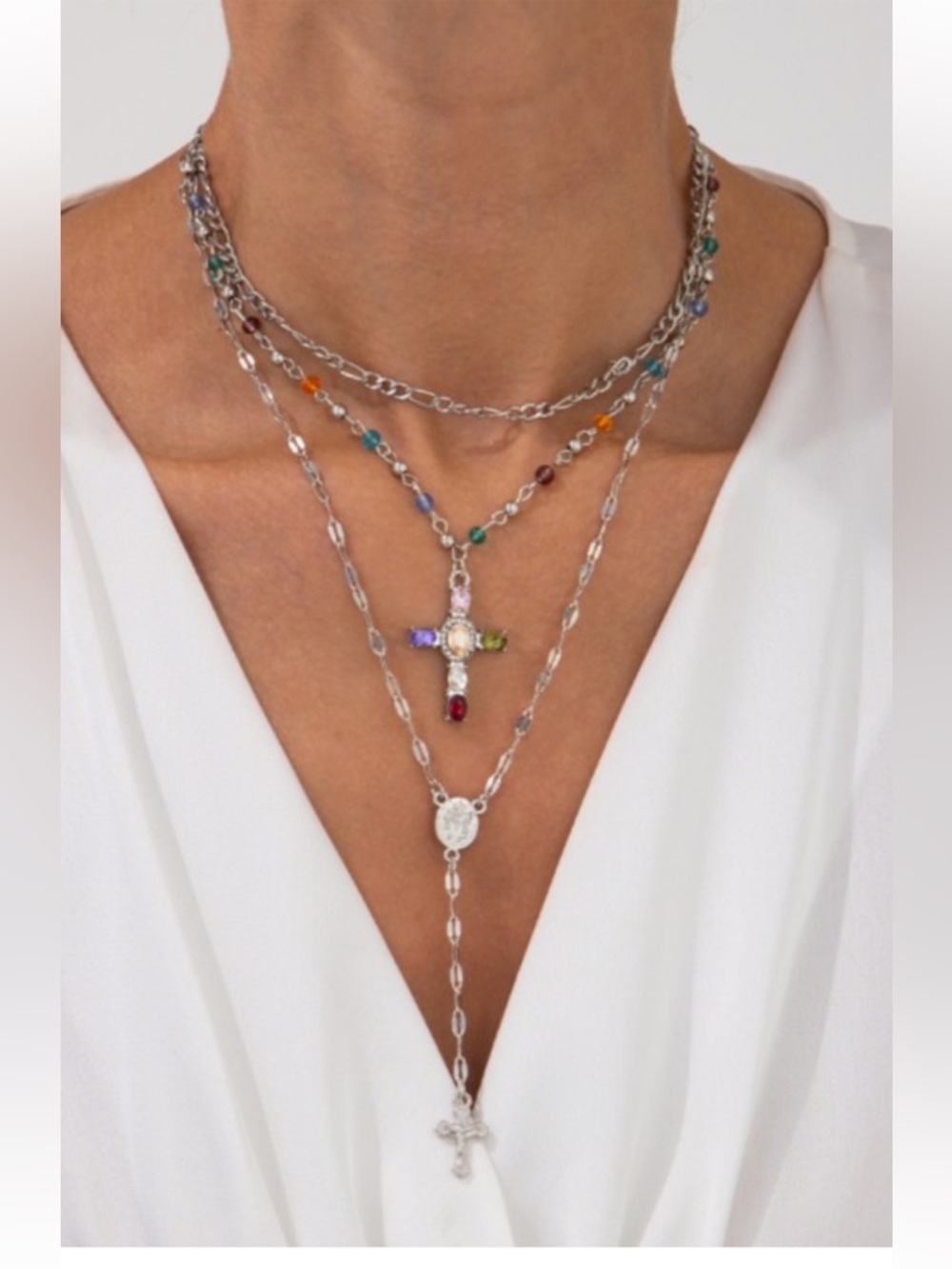Silver Multicolor Beaded Layered Cross Necklace - DOUBLE-LAYER Y-SHAPED TASSEL